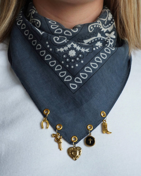 Foulard bandana bleu gris à charms personnalisables Nine, fait main en France